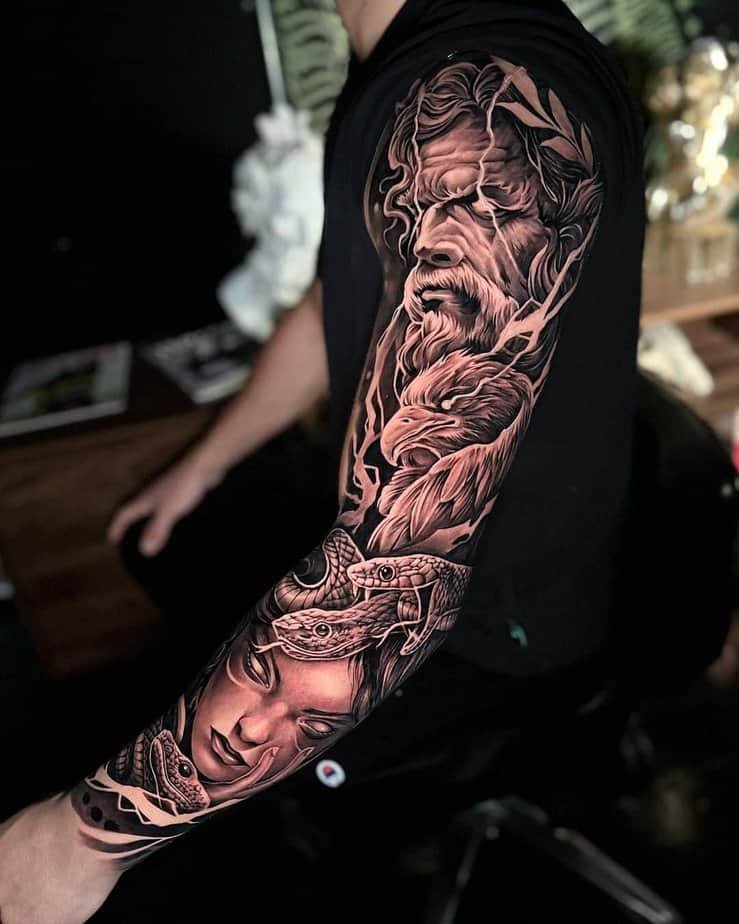 Mythological warrior tattoo sleeve
